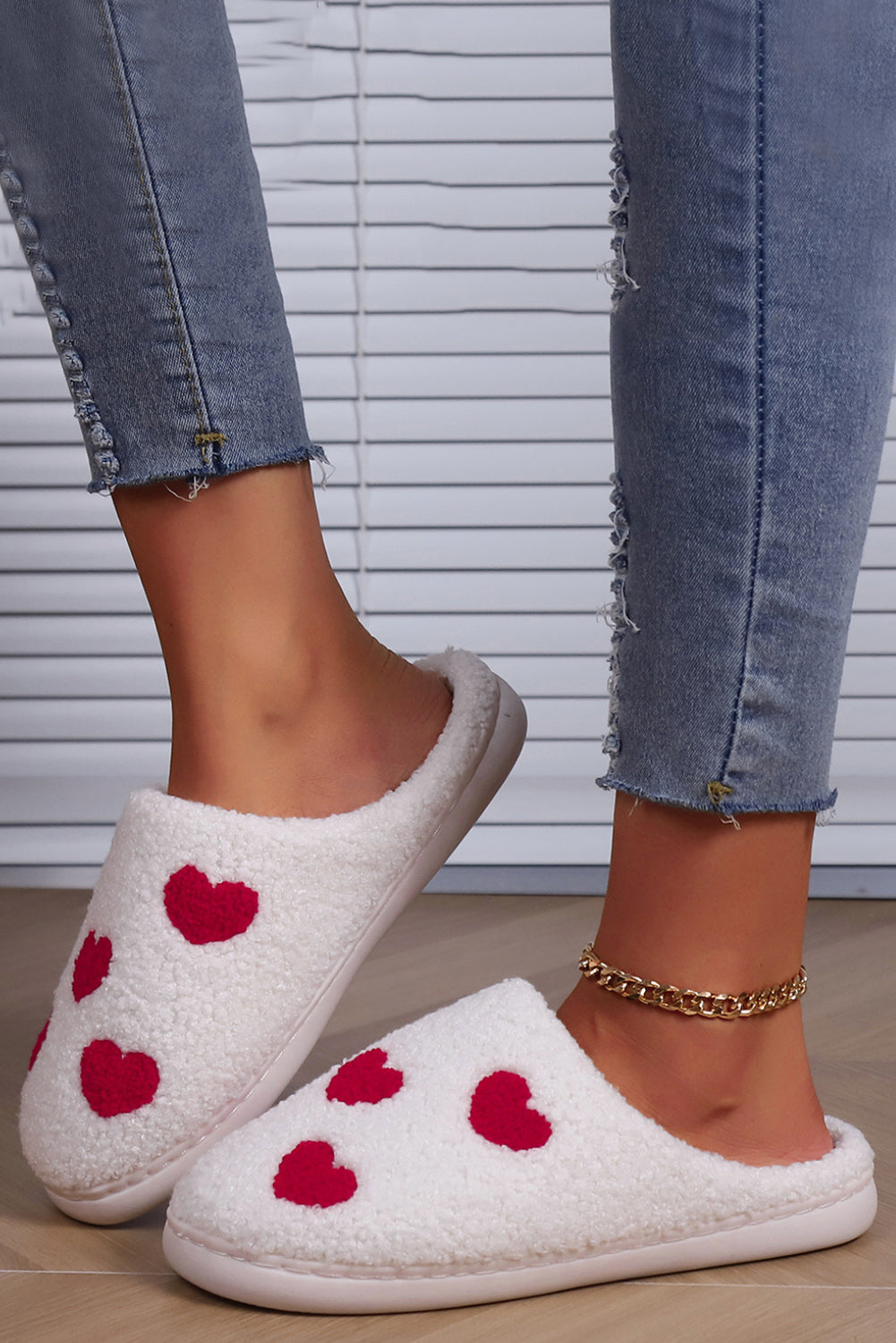 White Valentines Day Hearts Print Plush House Slippers - Glimmer Road