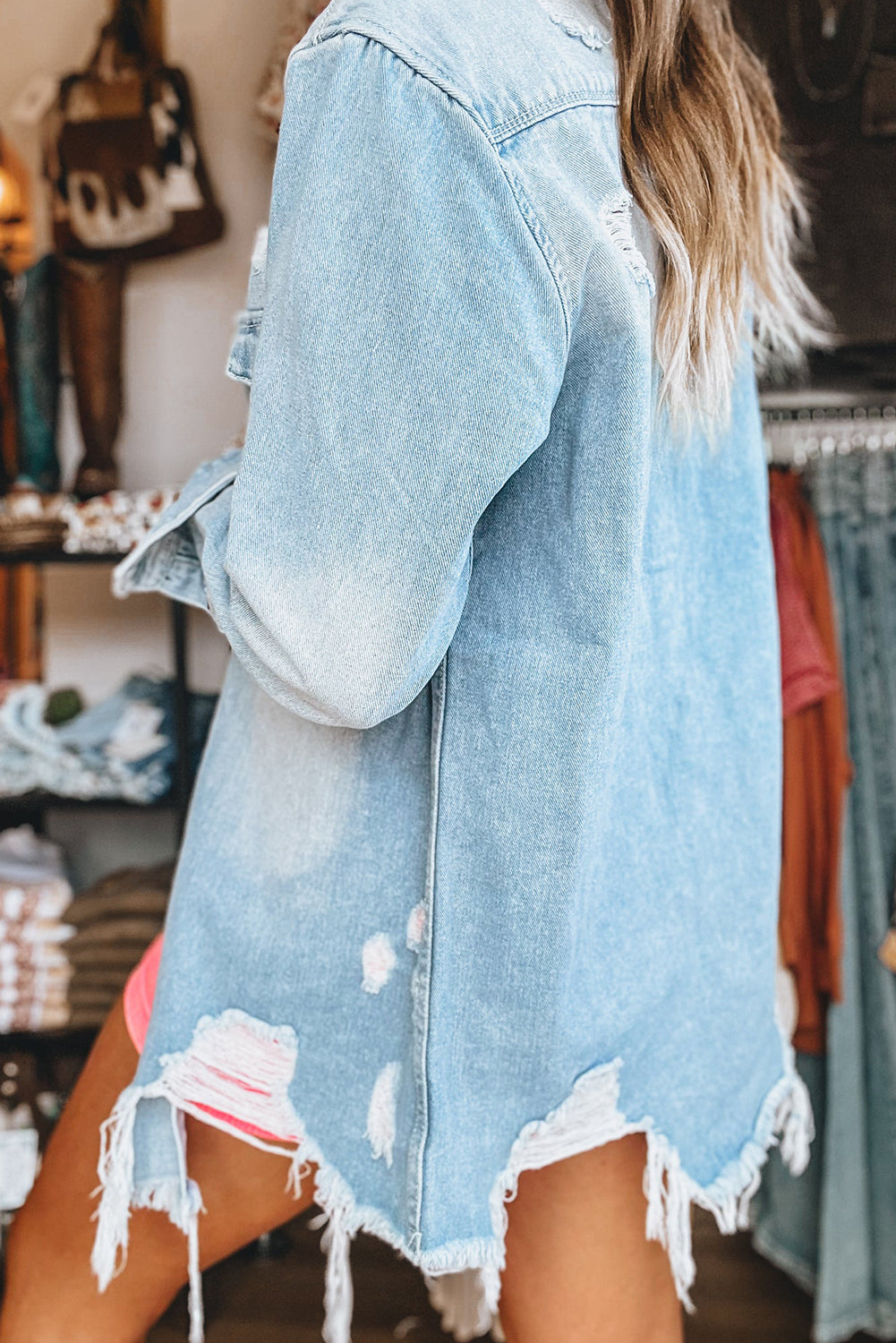 Beau Blue Mineral Wash Distressed Frayed Long Denim Jacket - Glimmer Road
