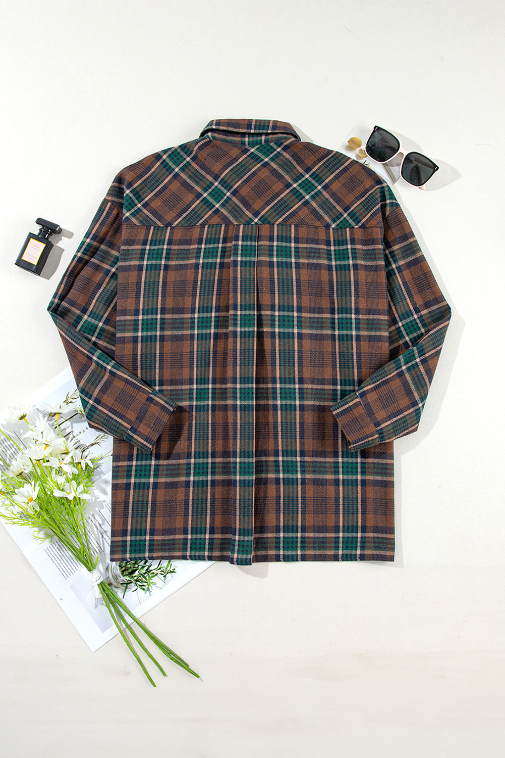 Brown Plaid Print Chest Pockets Buttoned Shirt Jacket - Glimmer Road