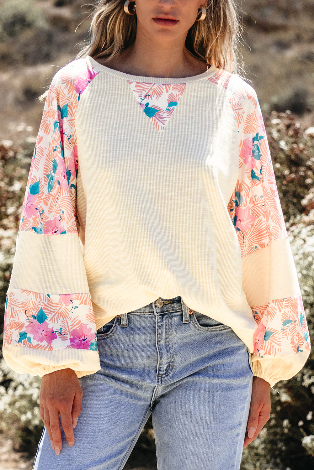 Apricot Textured Floral Patchwork Balloon Sleeve Blouse - Glimmer Road