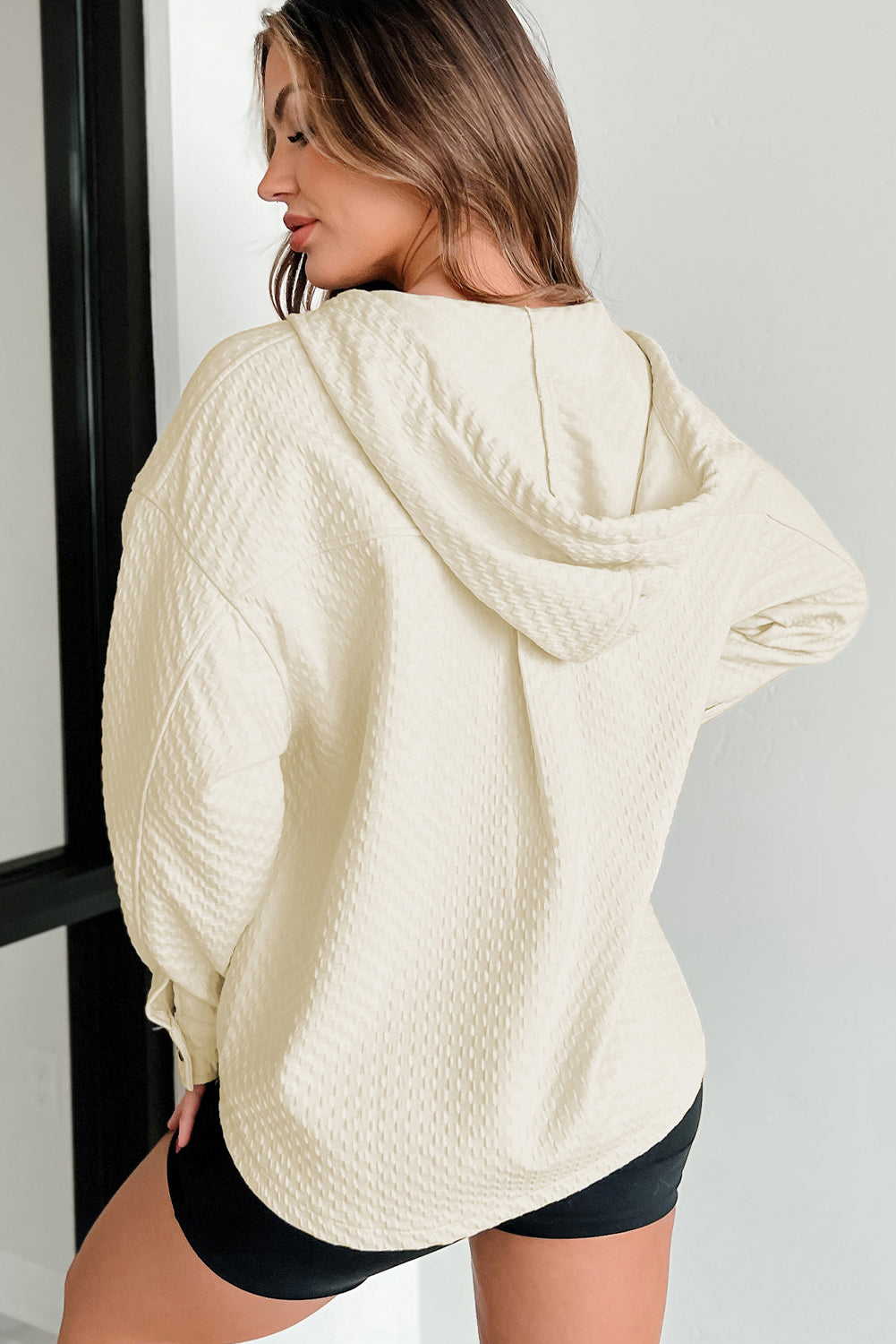 Apricot Textured Buttoned Neckline Side Pockets Hoodie - Glimmer Road