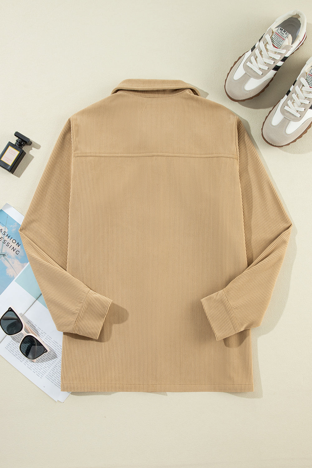 Light French Beige Solid Frilled Flap Pocket Button Up Corduroy Shacket - Glimmer Road