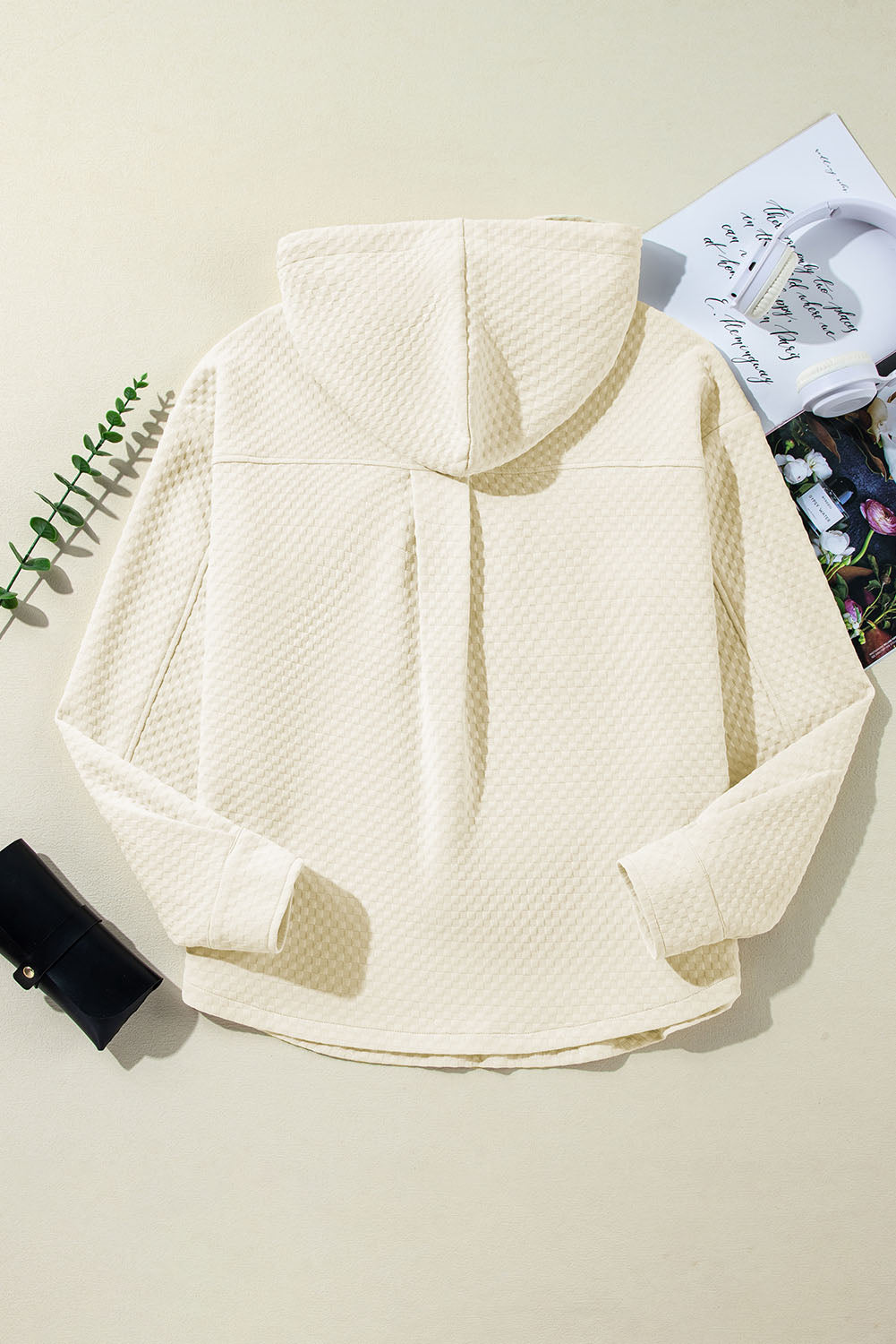 Apricot Textured Buttoned Neckline Side Pockets Hoodie - Glimmer Road