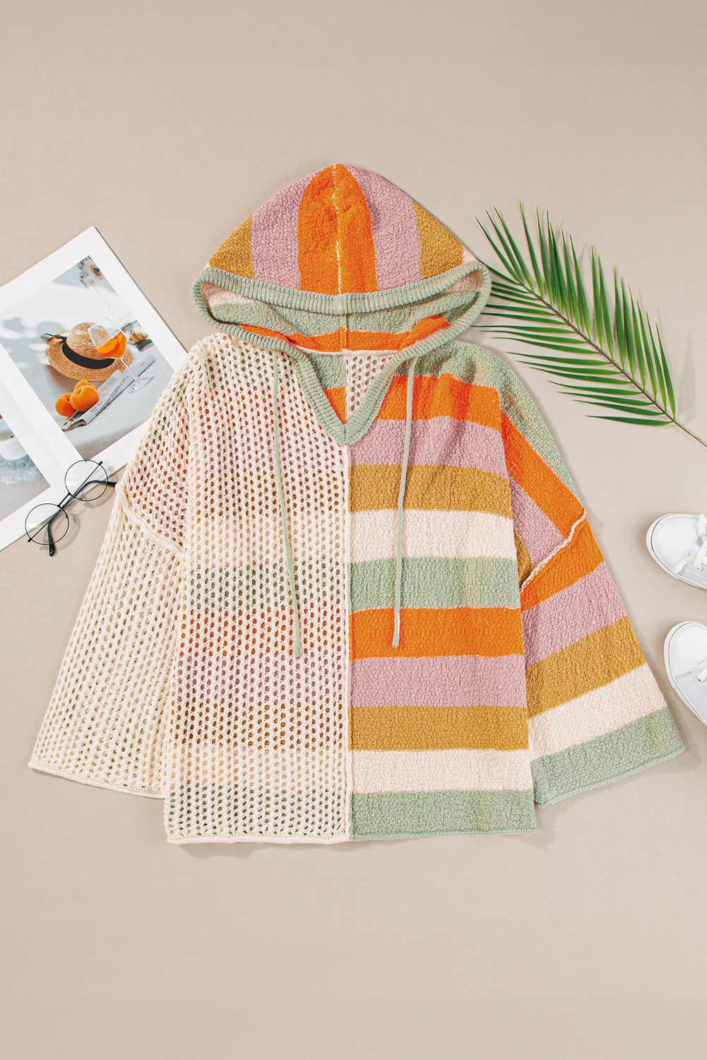 Beige Oversized Colorblock V Neck Hooded Sweater - Glimmer Road