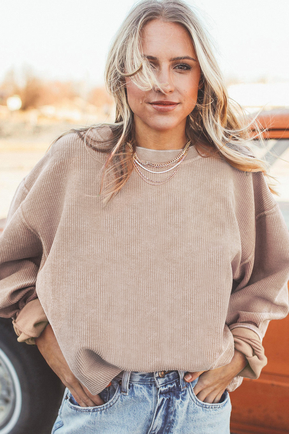 Apricot Ribbed Corduroy Oversized Sweatshirt - Glimmer Road