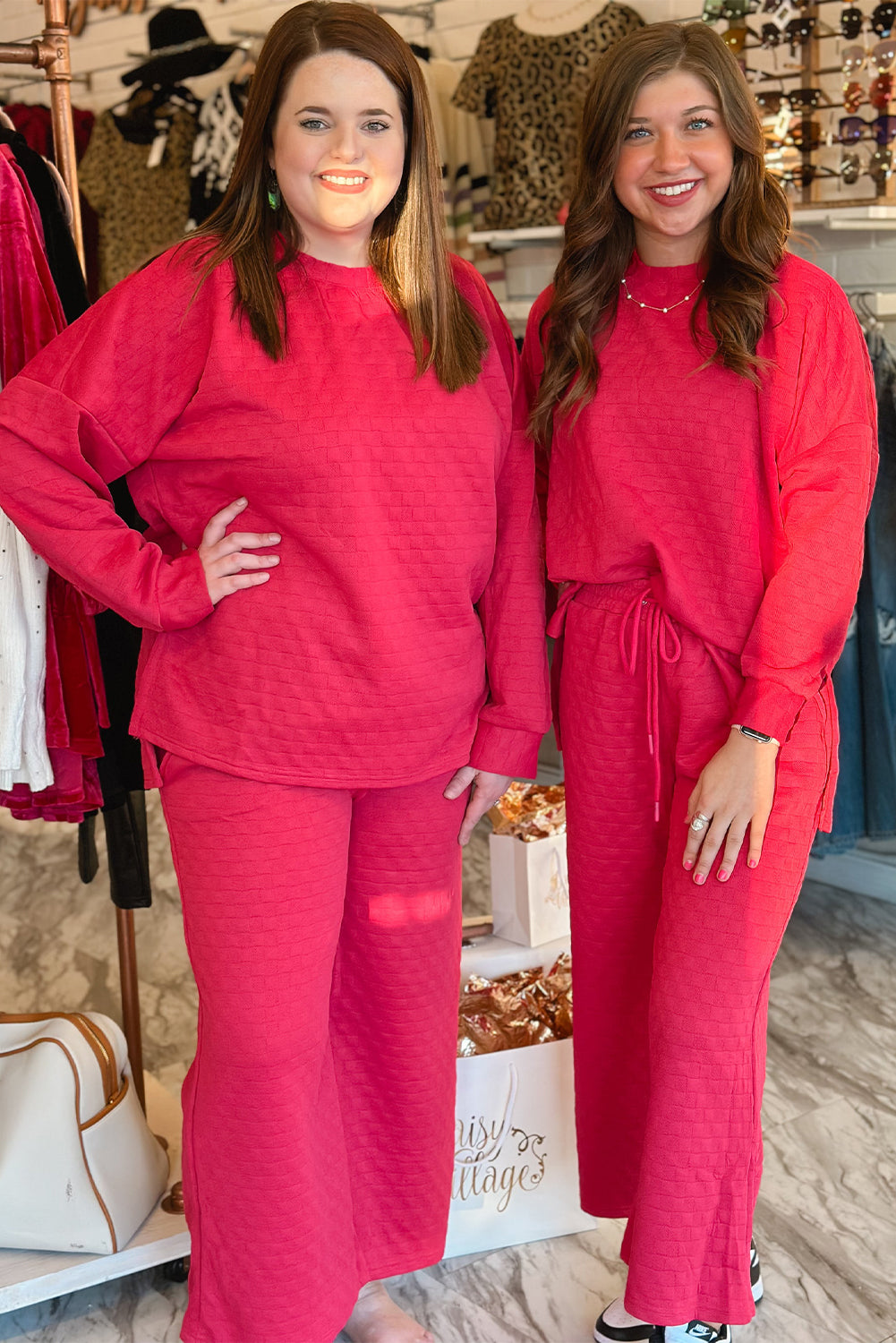 Strawberry Pink Checkered Textured Split Pullover Top and Pants Set - Glimmer Road