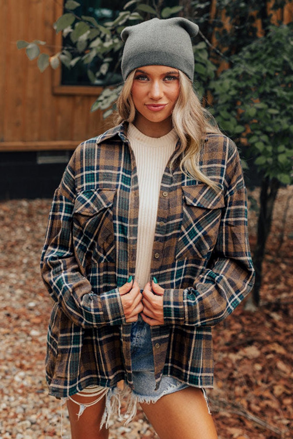 Brown Plaid Print Chest Pockets Buttoned Shirt Jacket - Glimmer Road