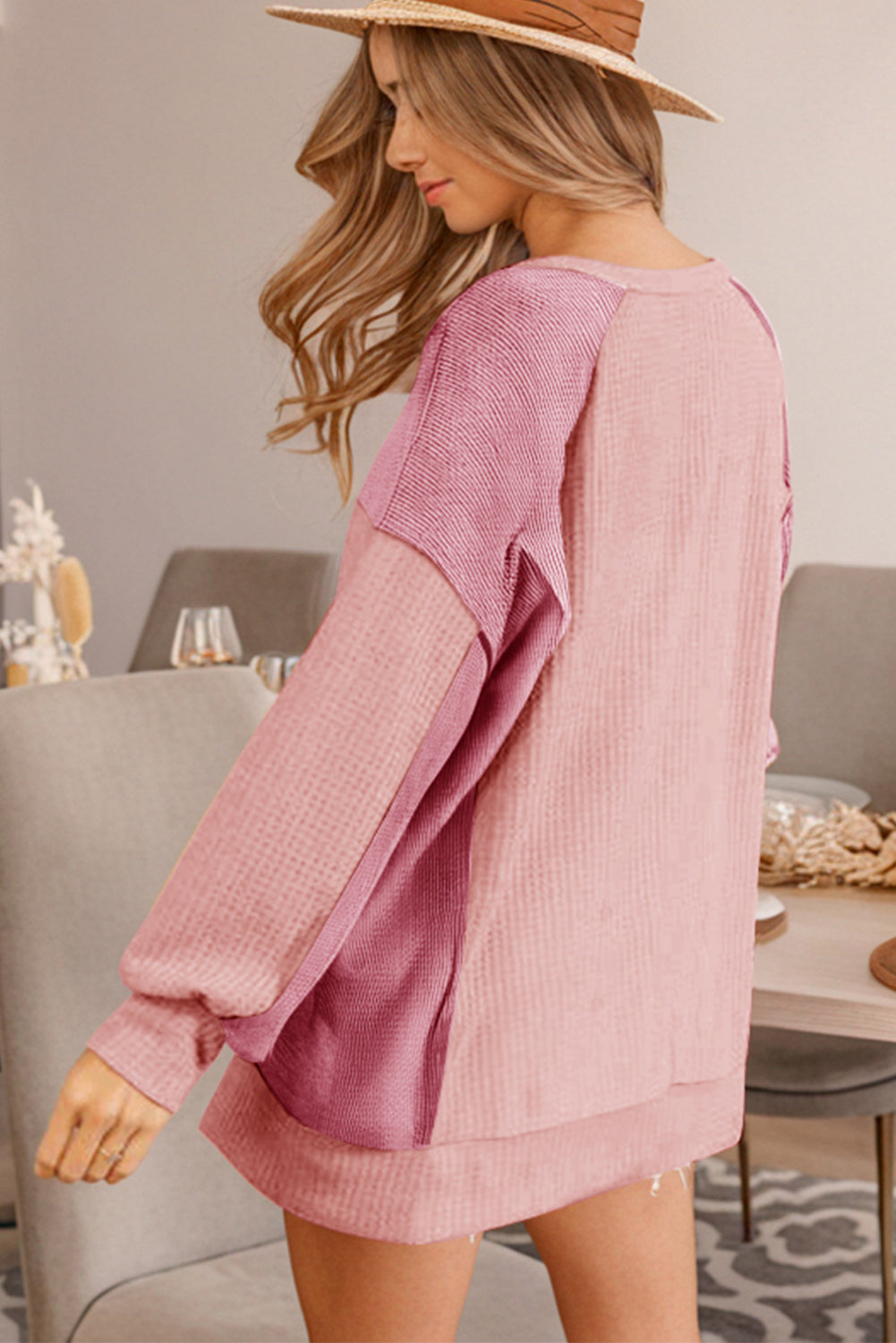 Apricot Pink Color Block Waffle High Low Raglan Sleeve Sweatshirt - Glimmer Road