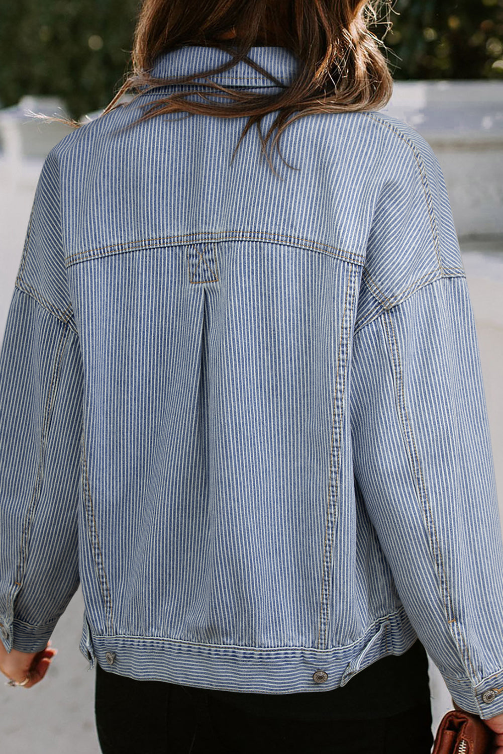 Sky Blue Stripe Washed Oversize Pocketed Denim Jacket - Glimmer Road