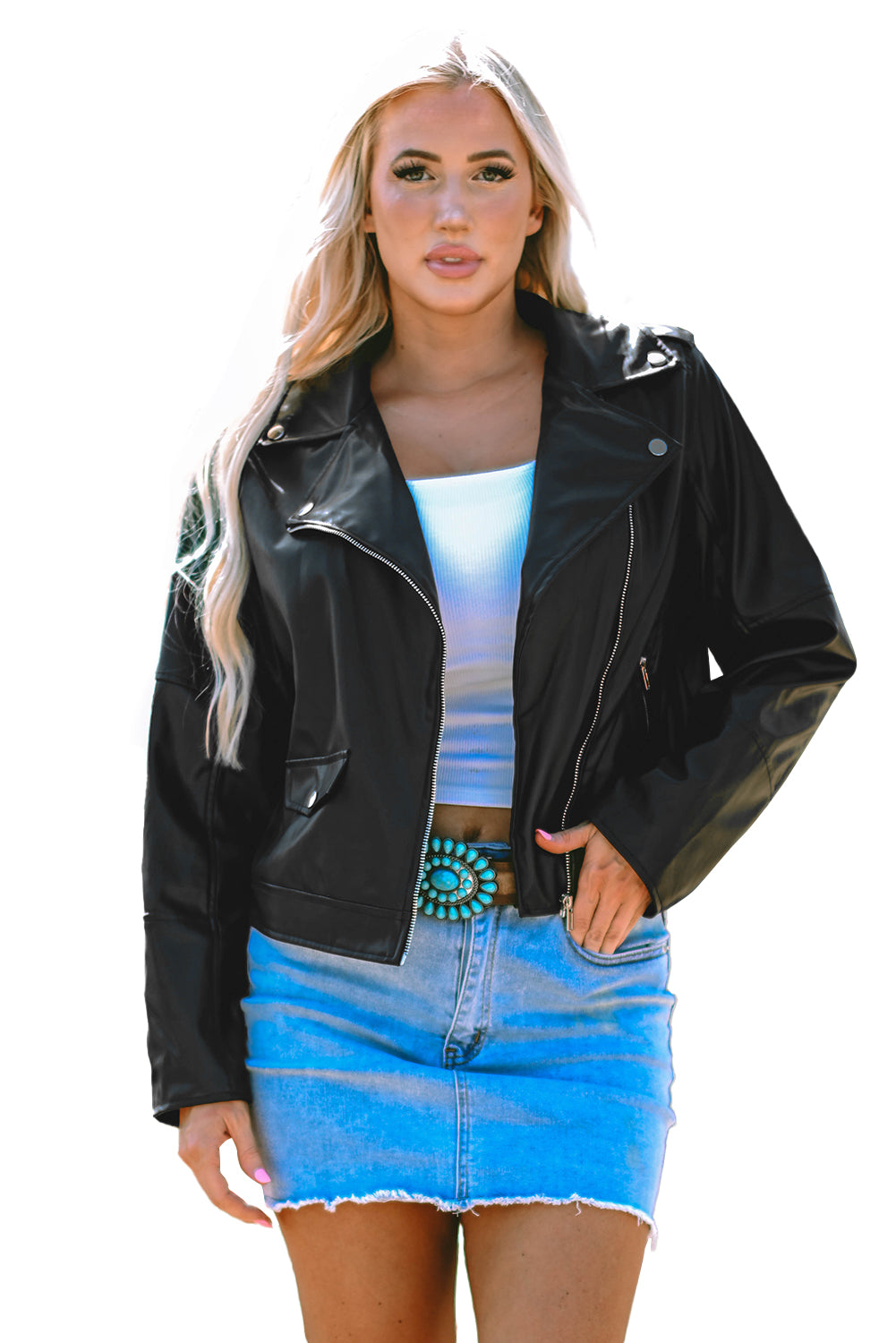 Black PU Leather Lapel Collar Zipper Jacket - Glimmer Road