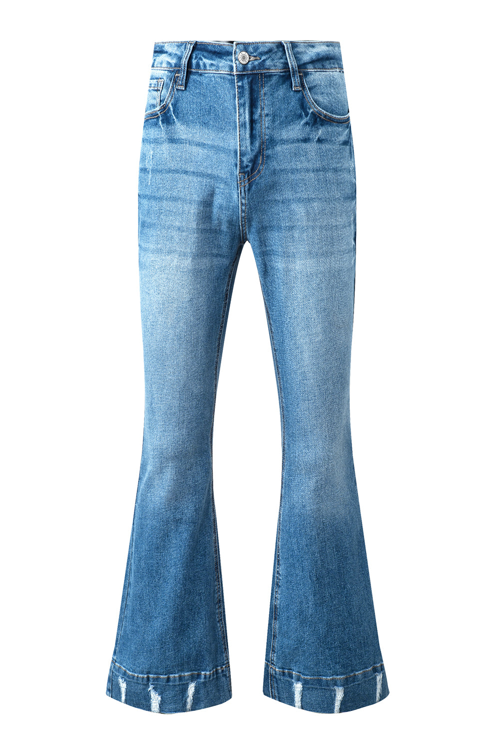 Sky Blue Slight Distressed Medium Wash Flare Jeans - Glimmer Road