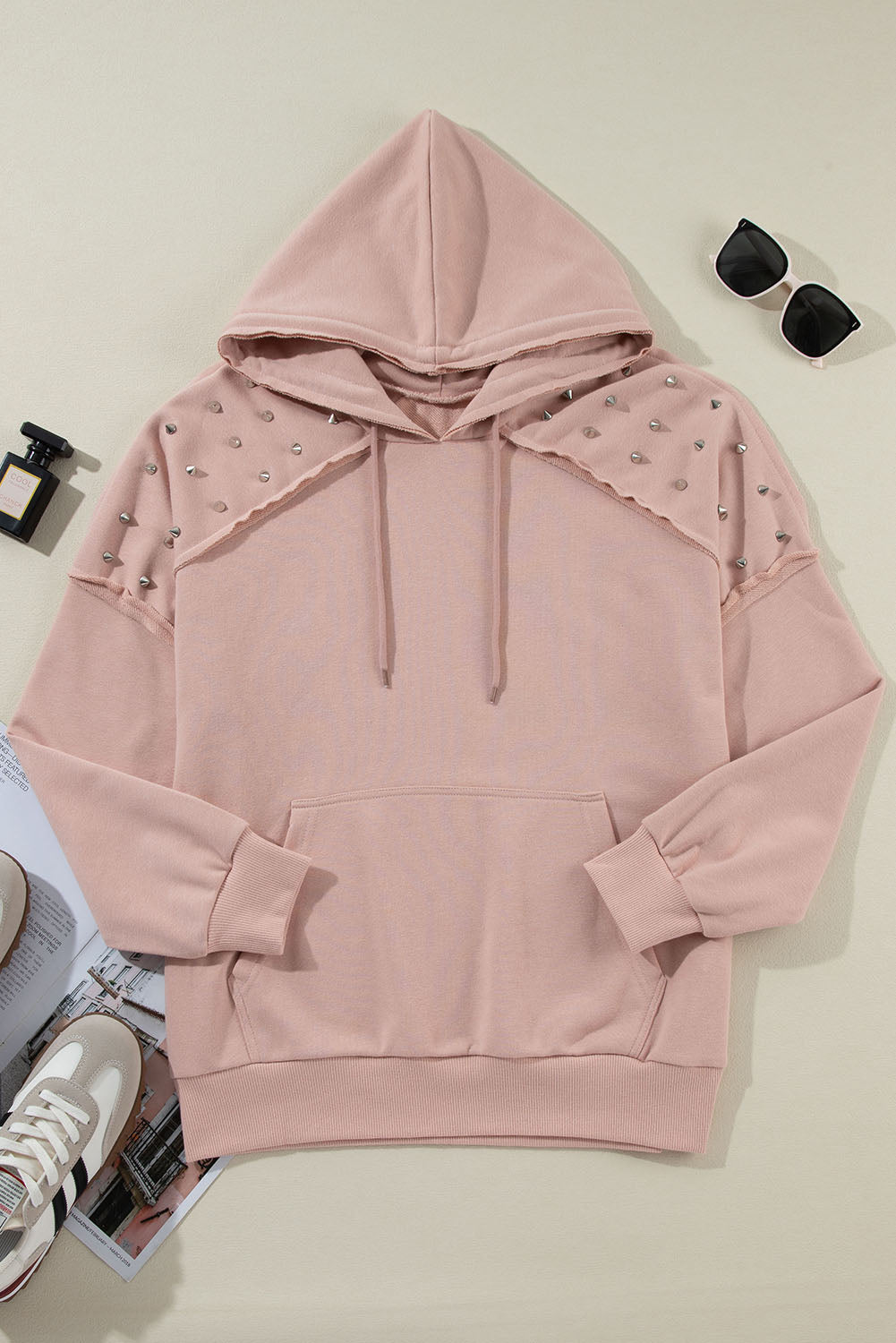 Fushia Solid Color Rivet Stud Raglan Sleeve Hoodie with Pocket - Glimmer Road
