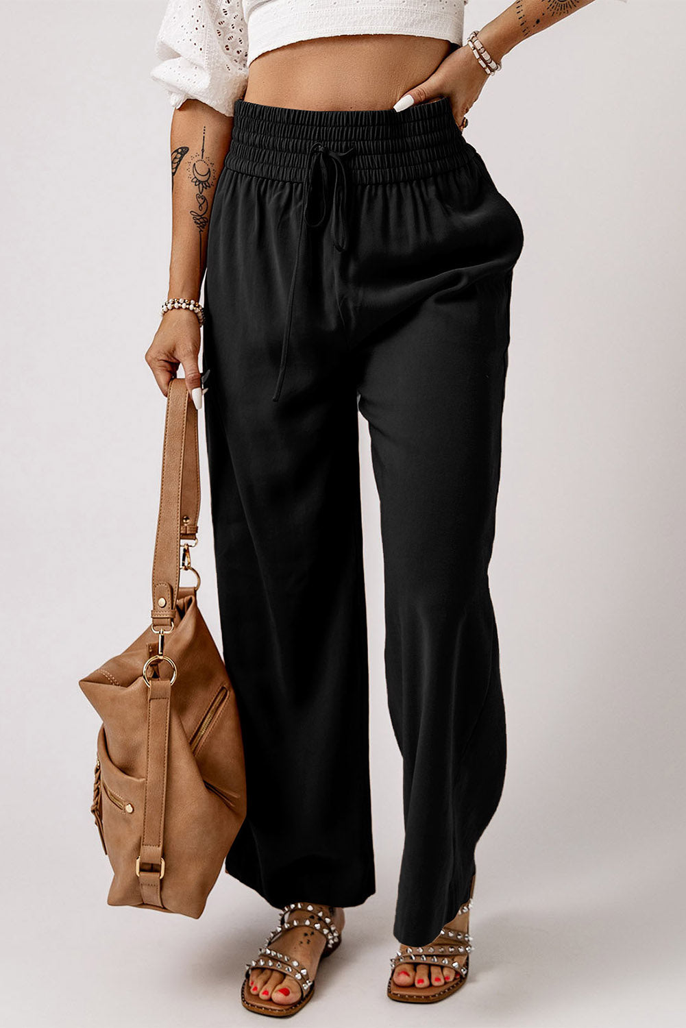 Black Drawstring Elastic Waist Casual Wide Leg Pants - Glimmer Road