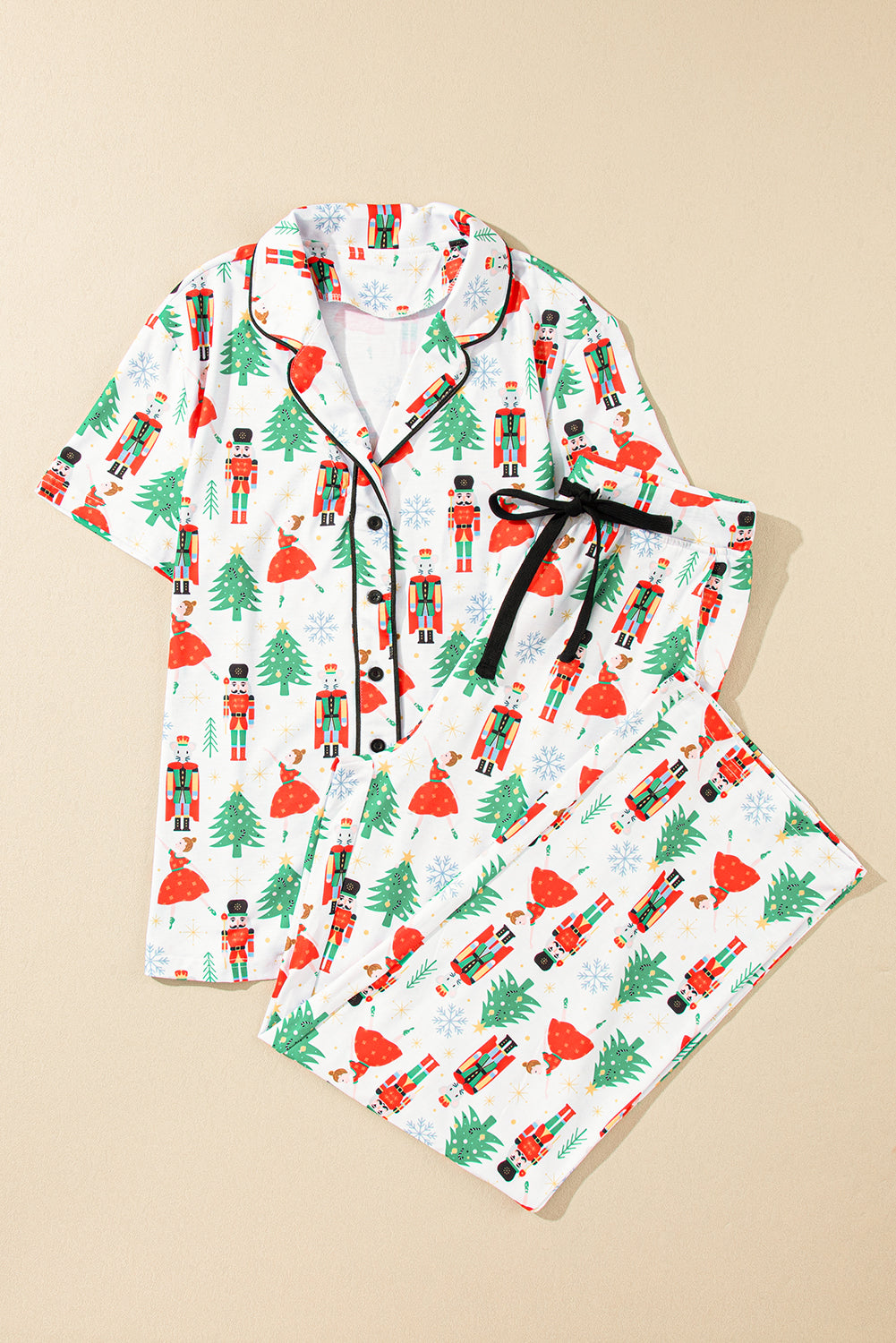White Printed Christmas Pattern Buttoned Two Piece Sleepwear - Glimmer Road