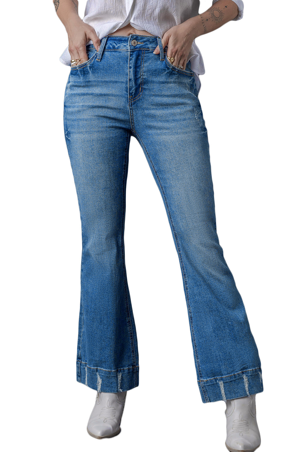 Sky Blue Slight Distressed Medium Wash Flare Jeans - Glimmer Road