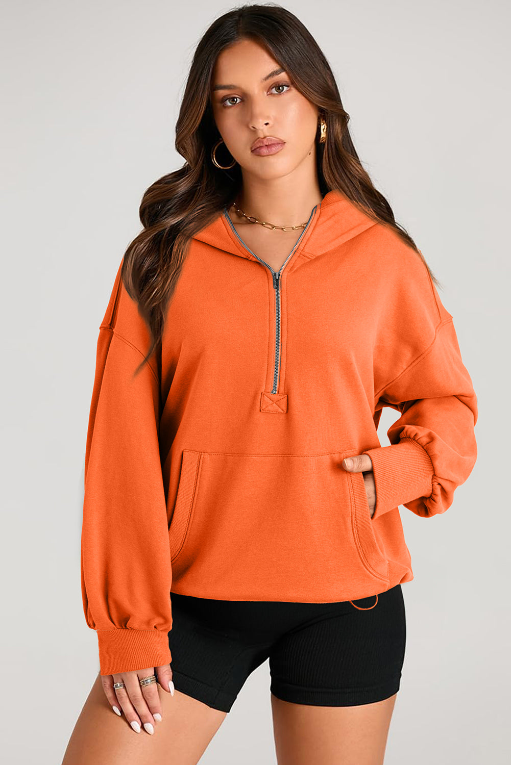 Orange Solid Kangaroo Pocket Half Zipper Oversized Hoodie - Glimmer Road