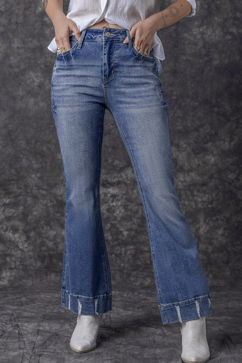 Sky Blue Slight Distressed Medium Wash Flare Jeans - Glimmer Road