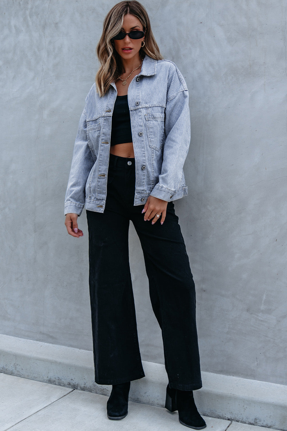 Sky Blue Stripe Washed Oversize Pocketed Denim Jacket - Glimmer Road