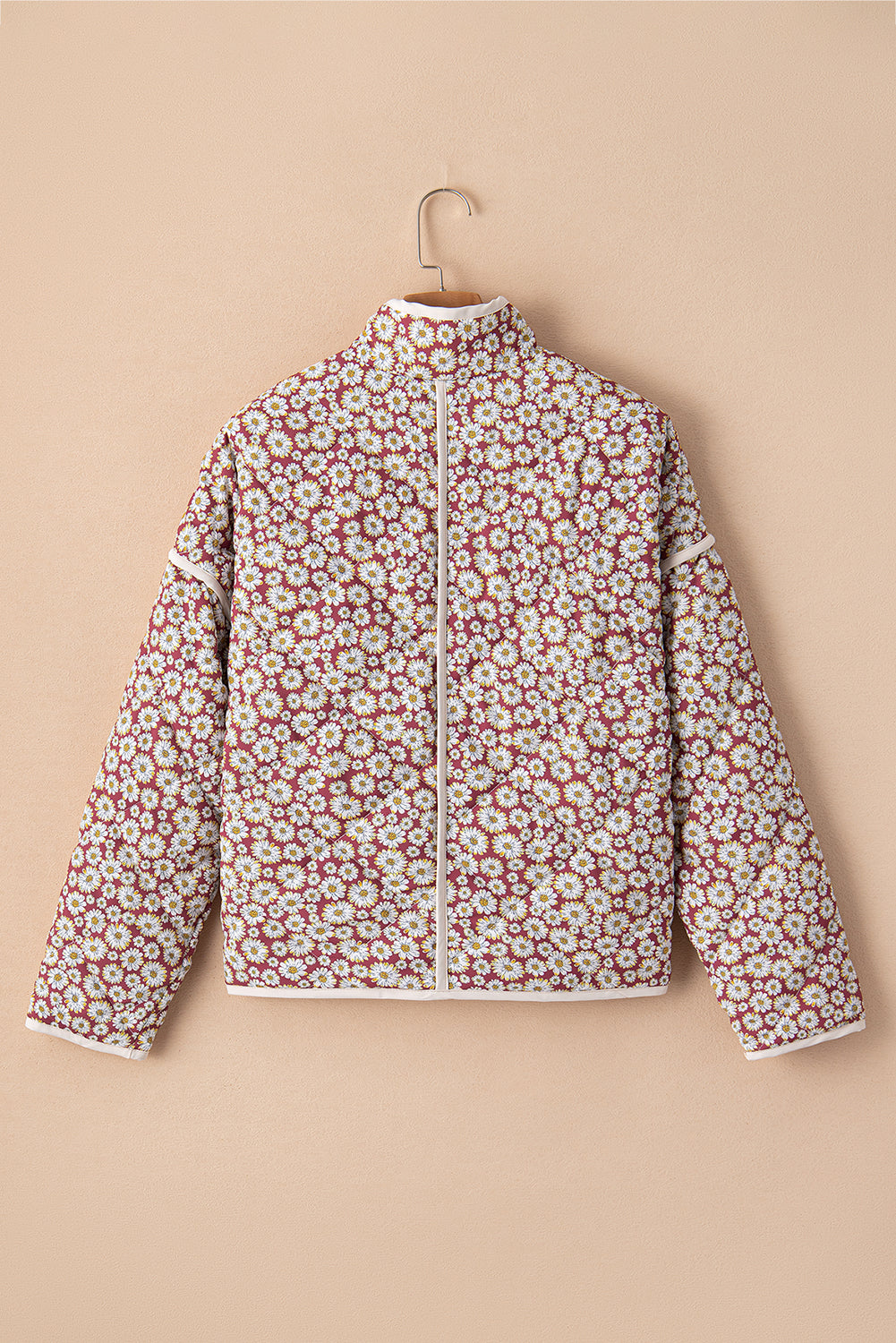 Pink Floral Print Contrast Edge Stand Neck Coat - Glimmer Road