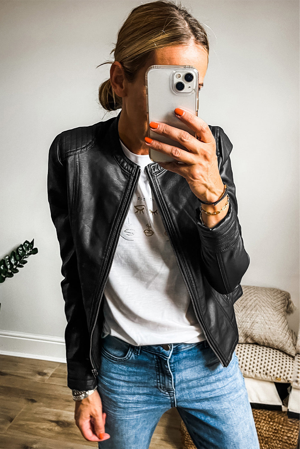 Black Solid Faux Leather Zipper Slim Fit Bomber Jacket - Glimmer Road