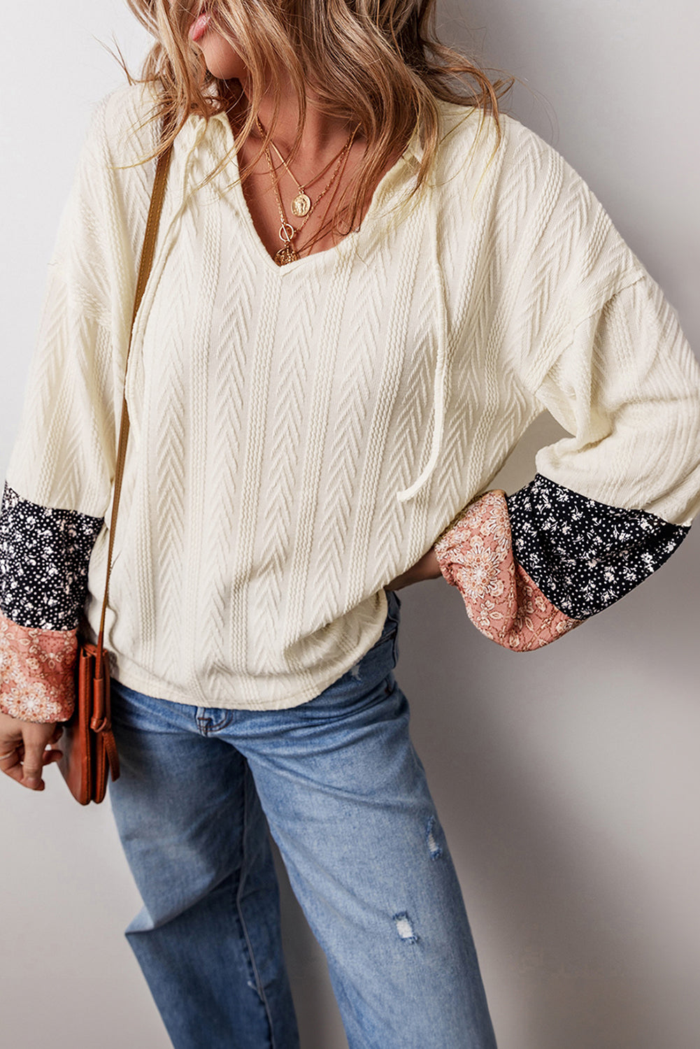 Black Floral Patchwork Textured Knit Drawstring V Neck Blouse - Glimmer Road