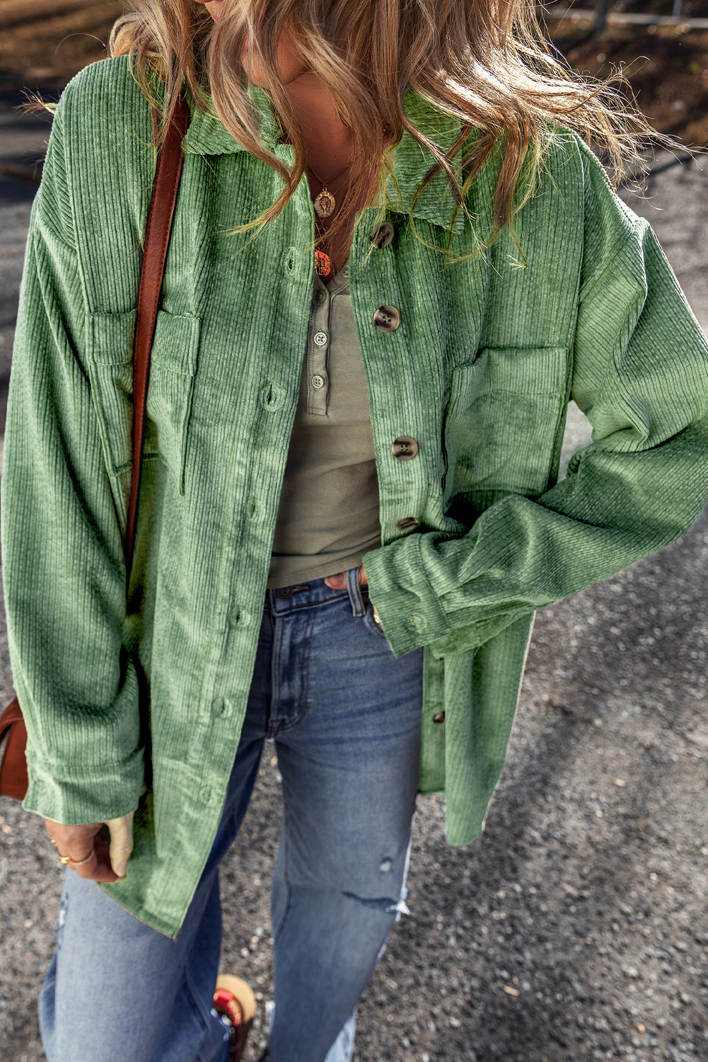 Mist Green Patched Pocket Button Up Corduroy Shacket - Glimmer Road