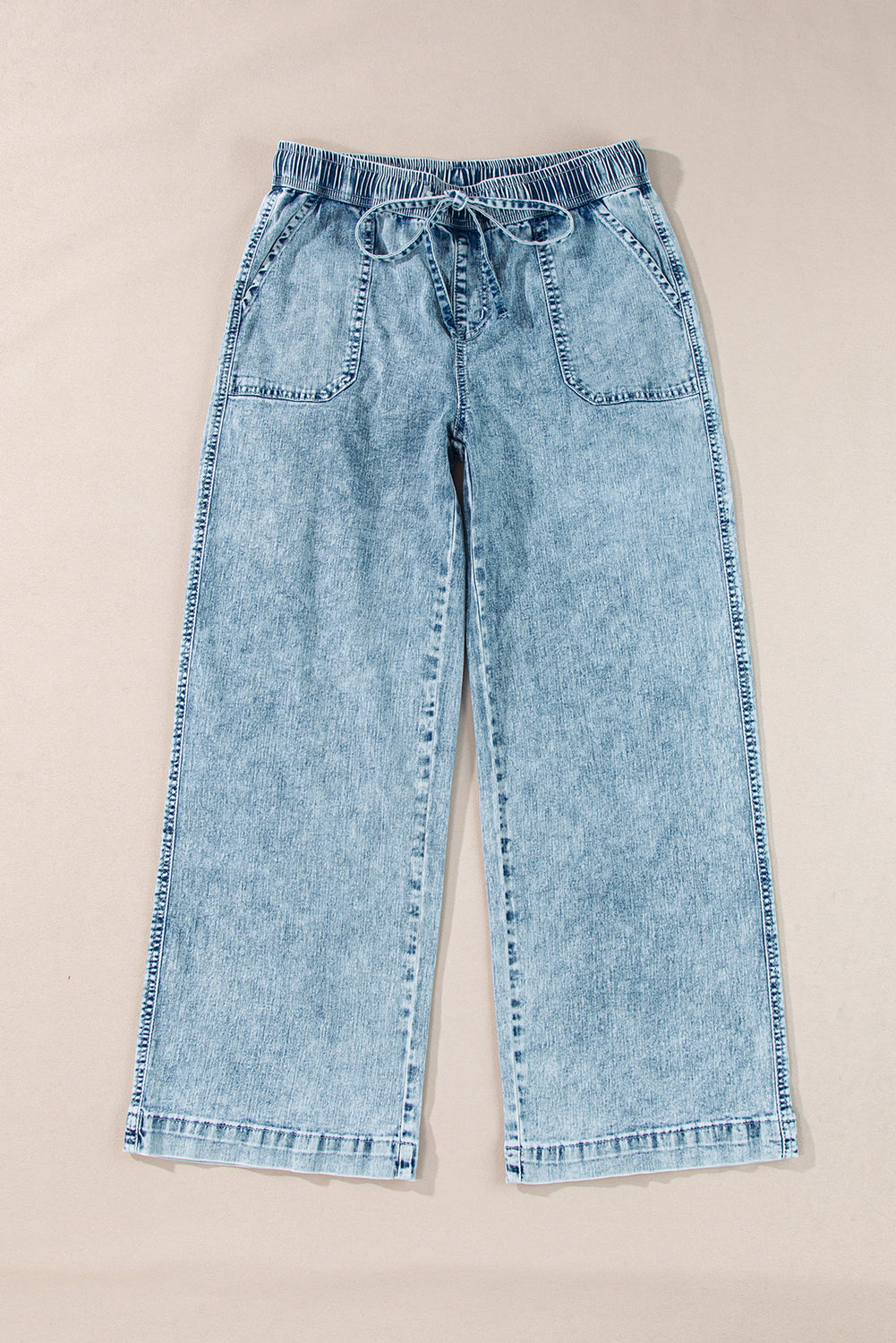 Myosotis Mineral Wash Drawstring Waist Loose Straight Denim Pants - Glimmer Road