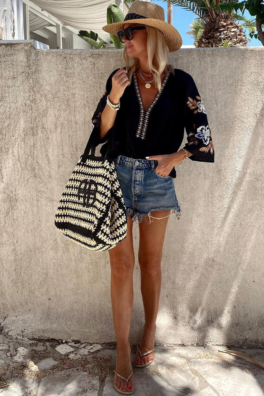 Black Bohemian Floral Embroidered V Neck Blouse - Glimmer Road