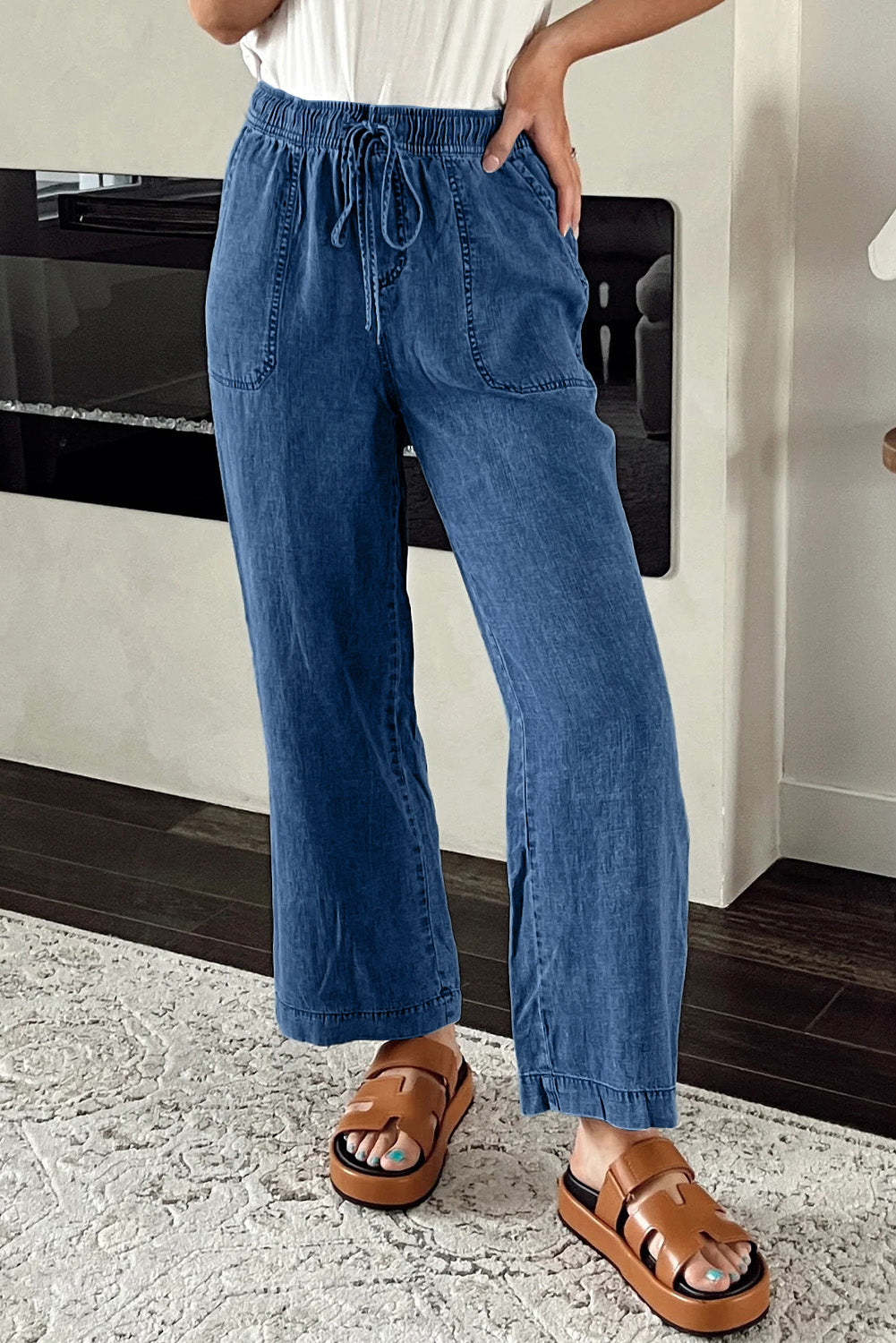 Sail Blue Mineral Wash Drawstring Waist Loose Straight Denim Pants - Glimmer Road
