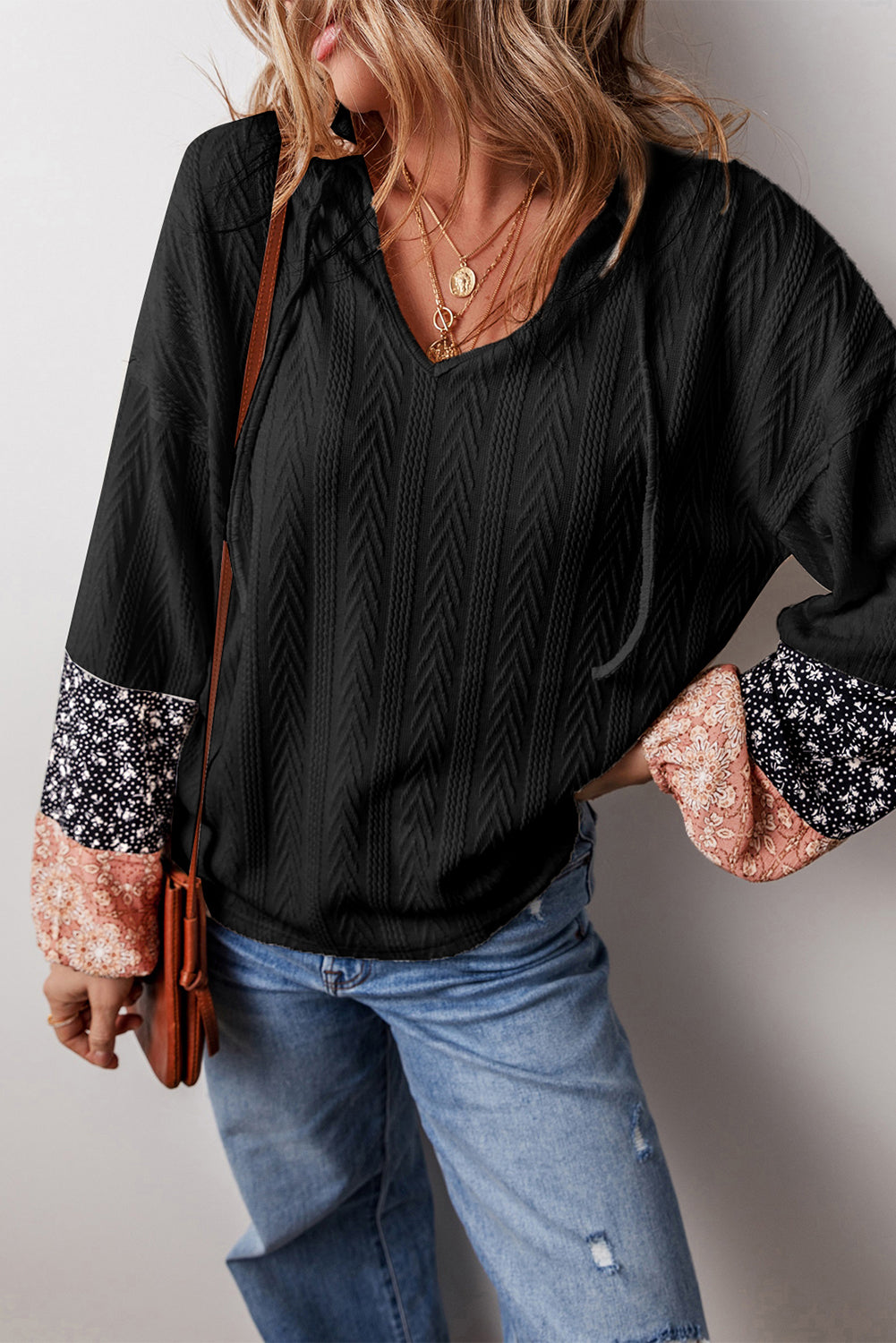 Black Floral Patchwork Textured Knit Drawstring V Neck Blouse - Glimmer Road