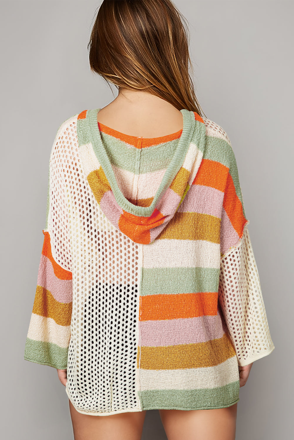 Beige Oversized Colorblock V Neck Hooded Sweater - Glimmer Road
