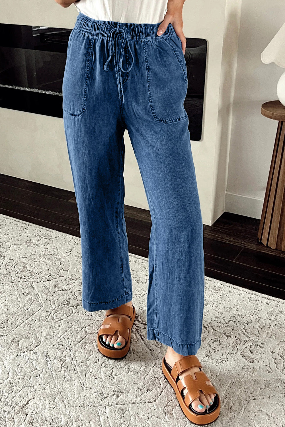 Sail Blue Mineral Wash Drawstring Waist Loose Straight Denim Pants - Glimmer Road