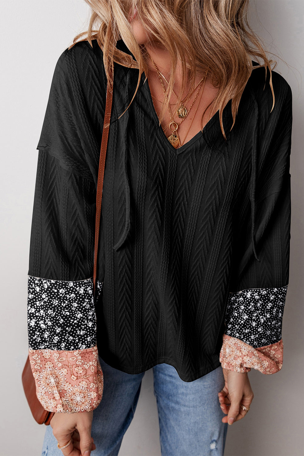 Black Floral Patchwork Textured Knit Drawstring V Neck Blouse - Glimmer Road