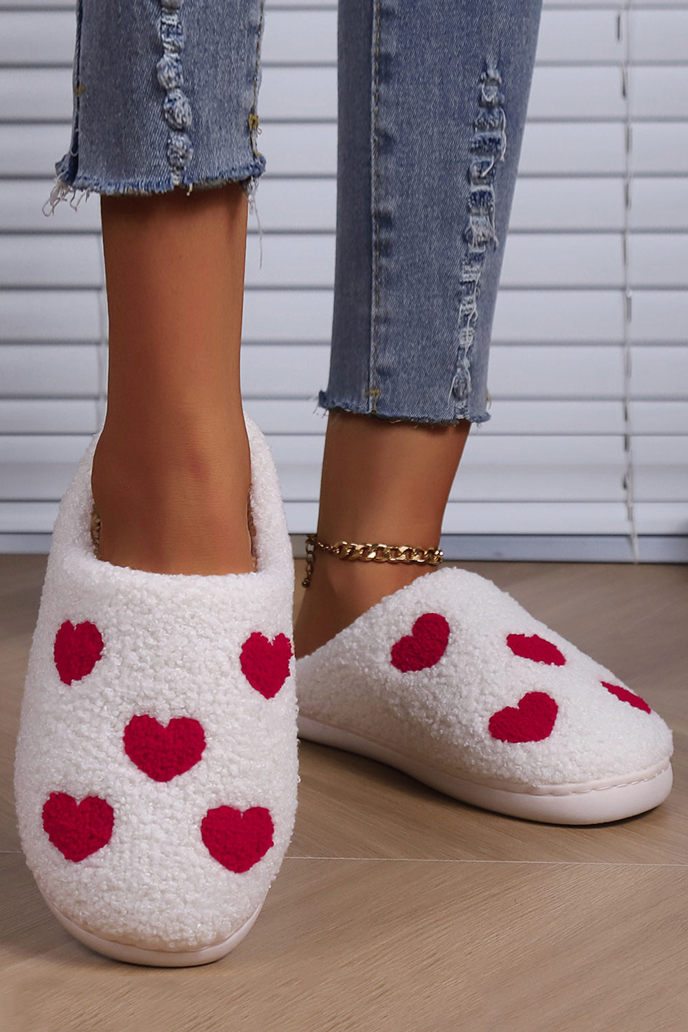 White Valentines Day Hearts Print Plush House Slippers - Glimmer Road