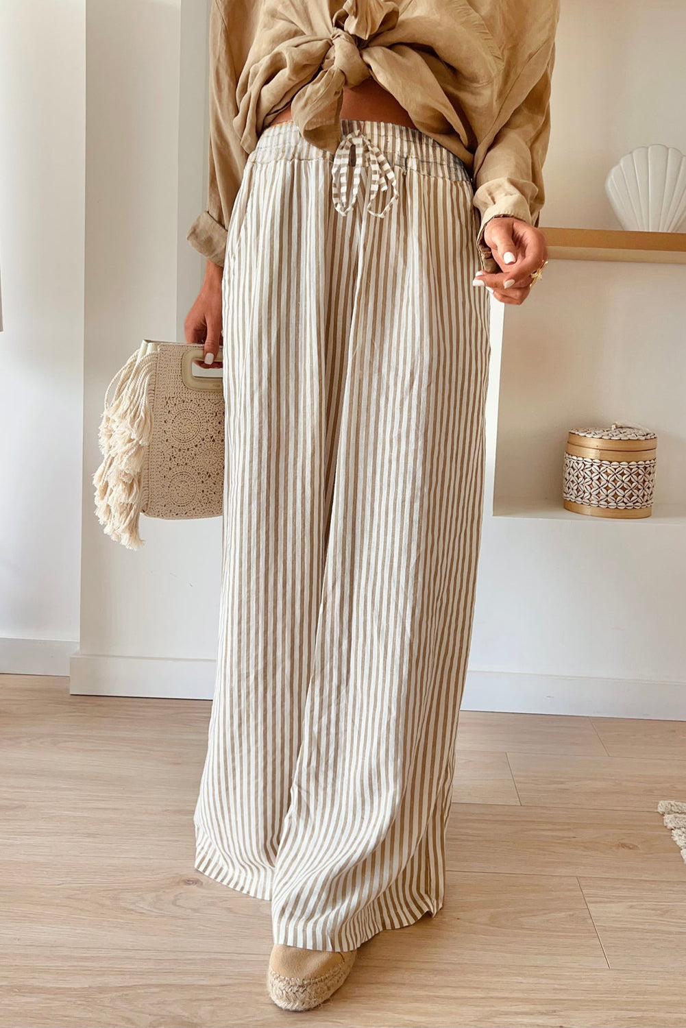 Khaki Stripe Print Wide Leg Drawstring Pants - Glimmer Road