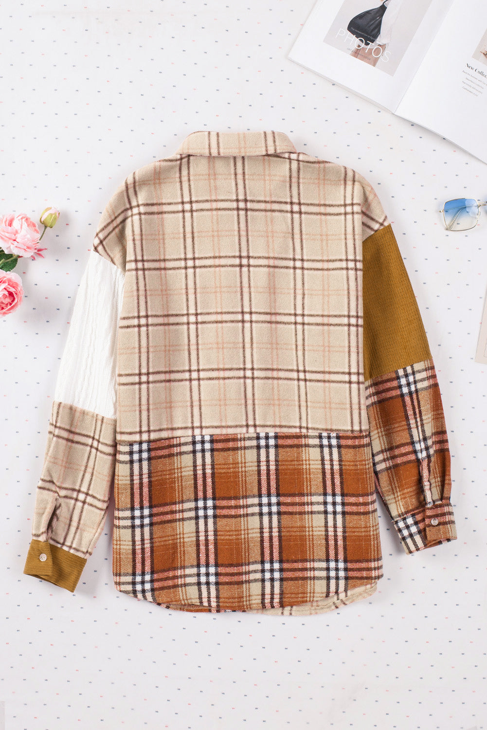 Orange Plaid Color Block Patchwork Shirt Jacket with Pocket - Glimmer Road