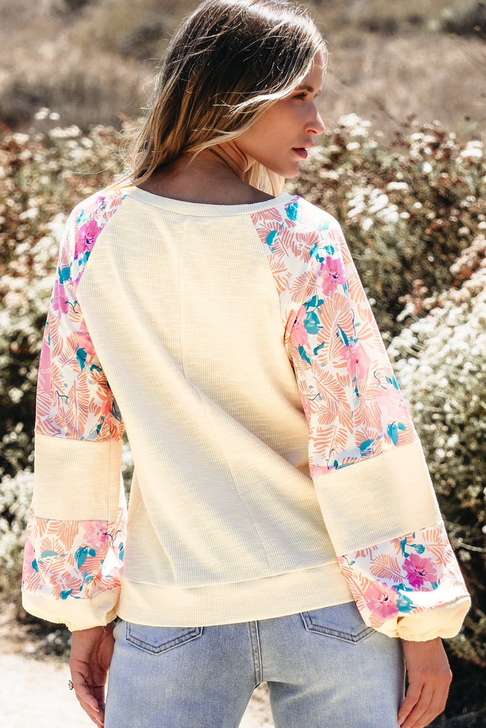 Apricot Textured Floral Patchwork Balloon Sleeve Blouse - Glimmer Road