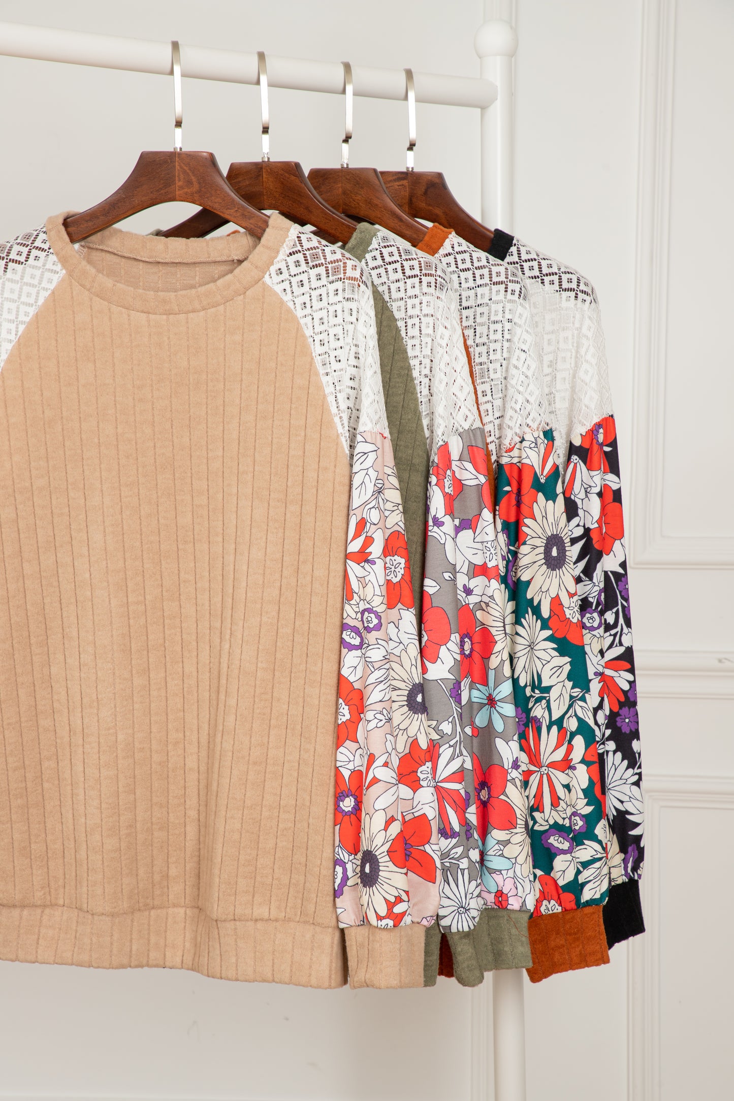 Cinnamon Floral Patchwork Long Sleeve Ribbed Blouse - Glimmer Road