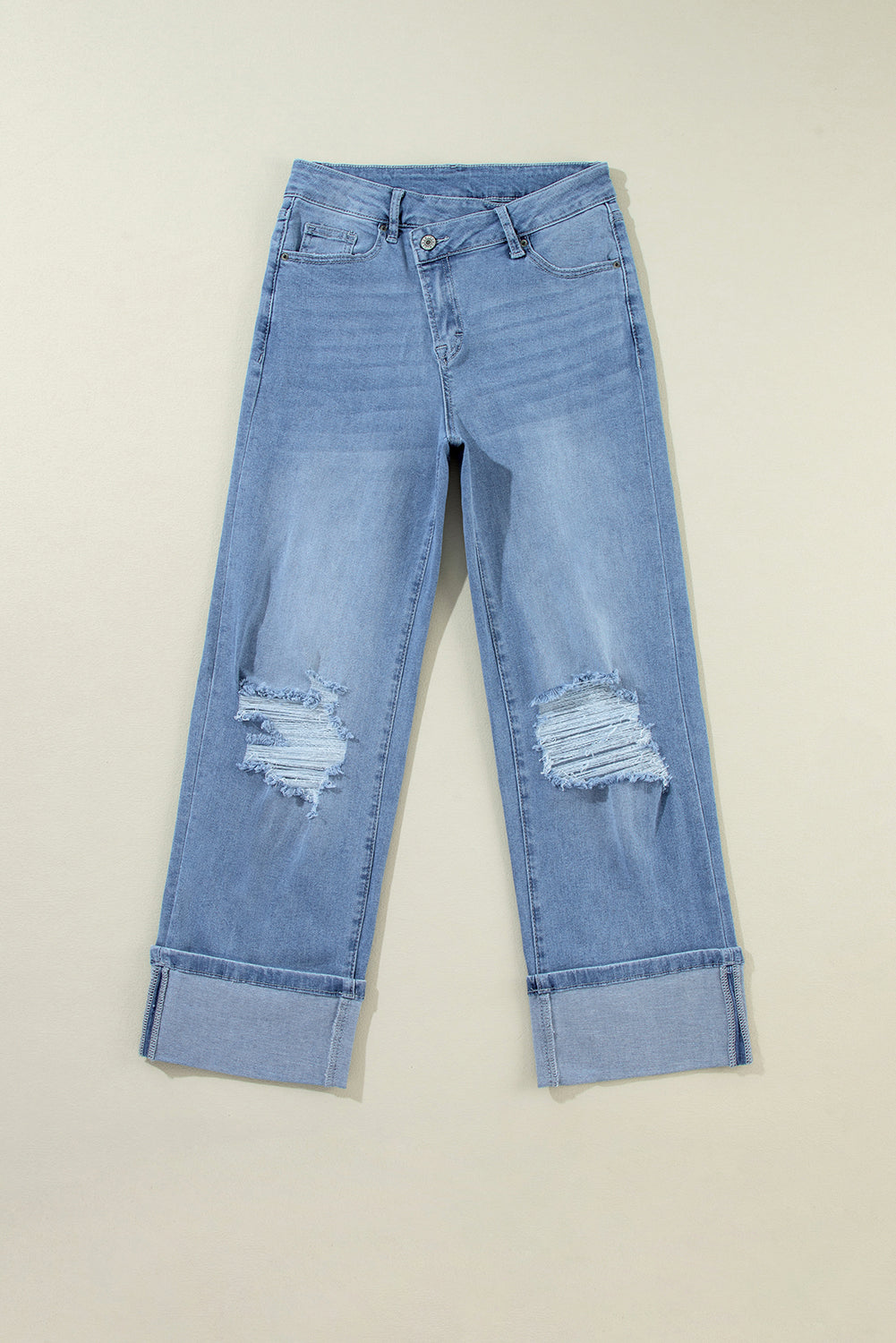 Dusk Blue High Rise Asymmetric Button Zip Fly Ripped Jeans - Glimmer Road