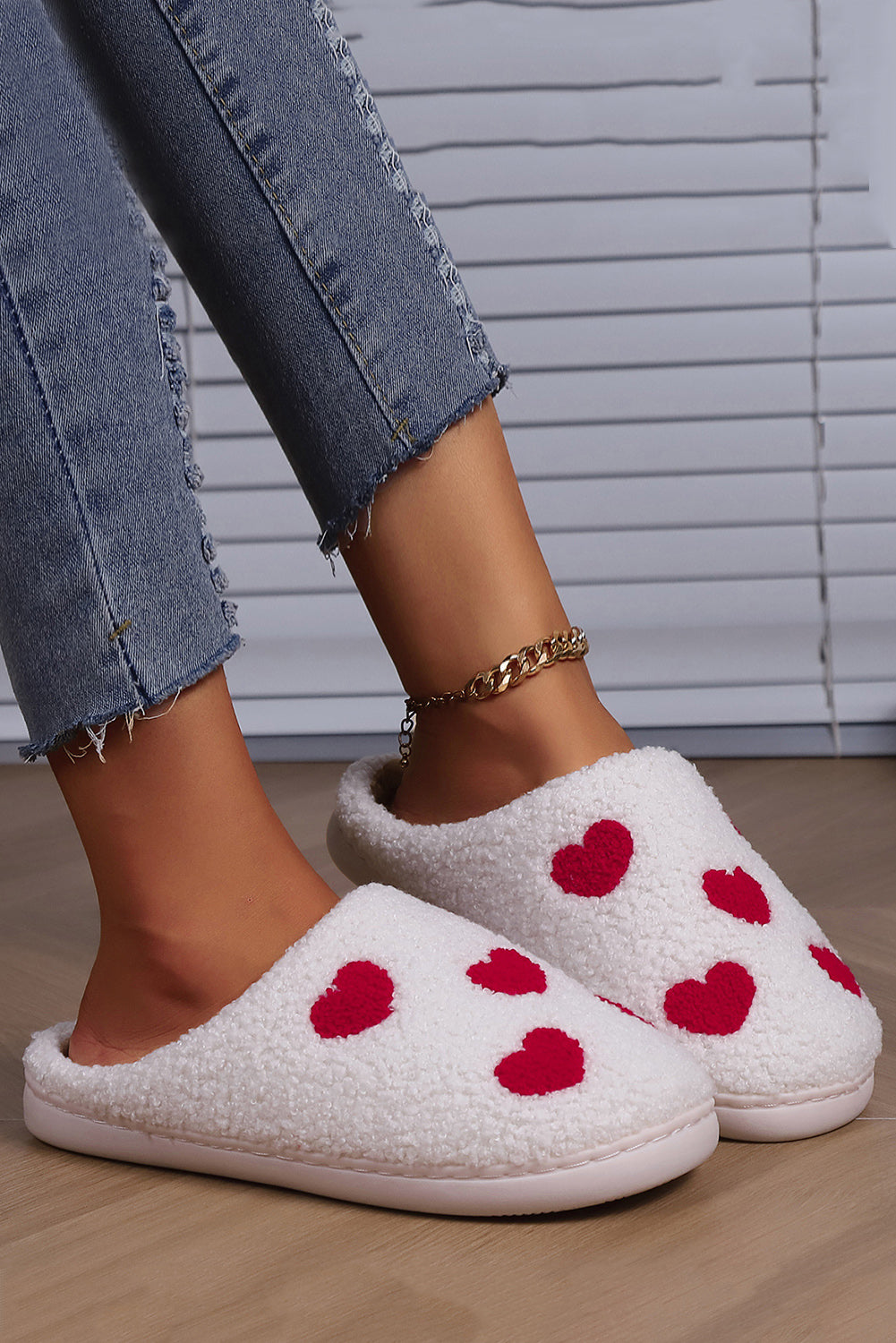 White Valentines Day Hearts Print Plush House Slippers - Glimmer Road
