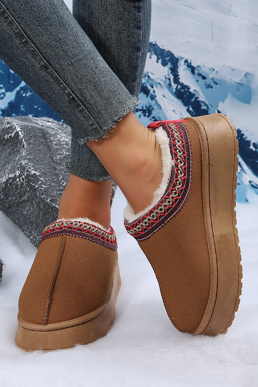 Chestnut Contrast Print Suede Plush Lined Snow Boots - Glimmer Road