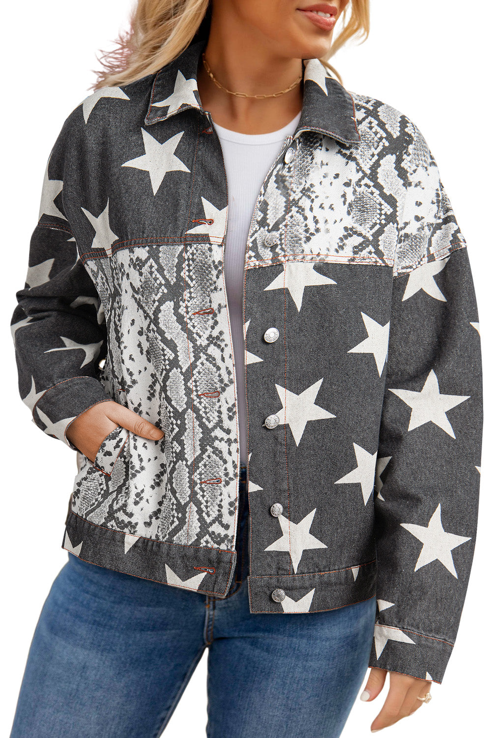 Black Star Snakeskin Printed Patchwork Denim Jacket - Glimmer Road