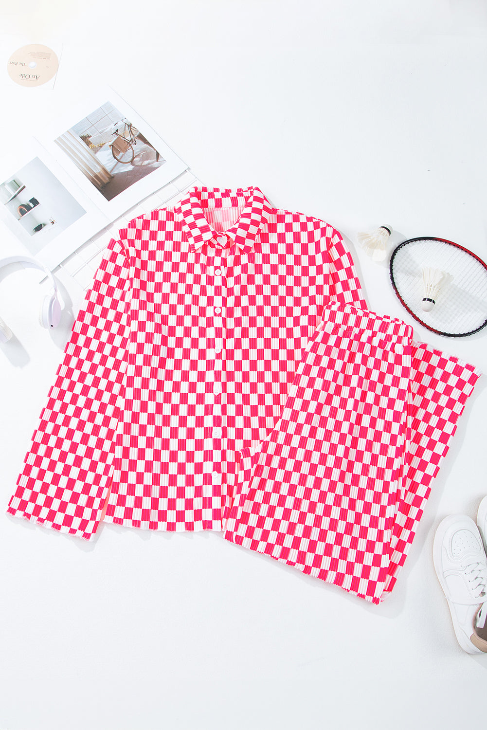 Pink Checkered Buttoned Shirt and High Waist Pants Pajama Set - Glimmer Road