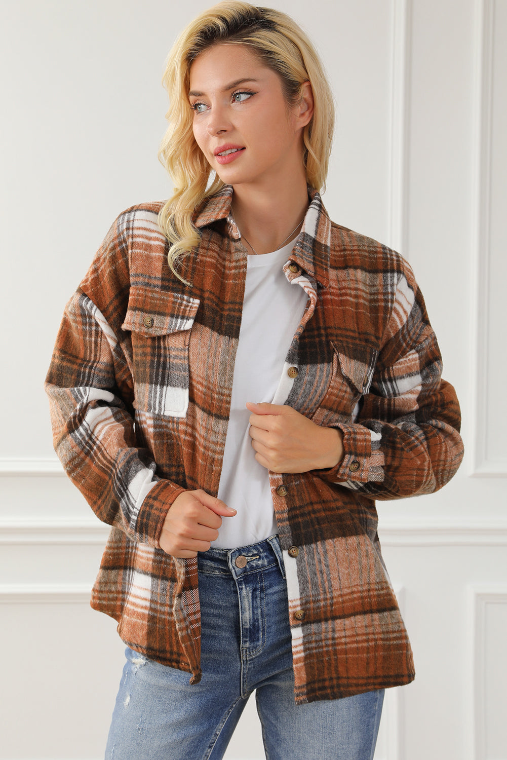 Brown Plaid Flap Pockets Shacket - Glimmer Road