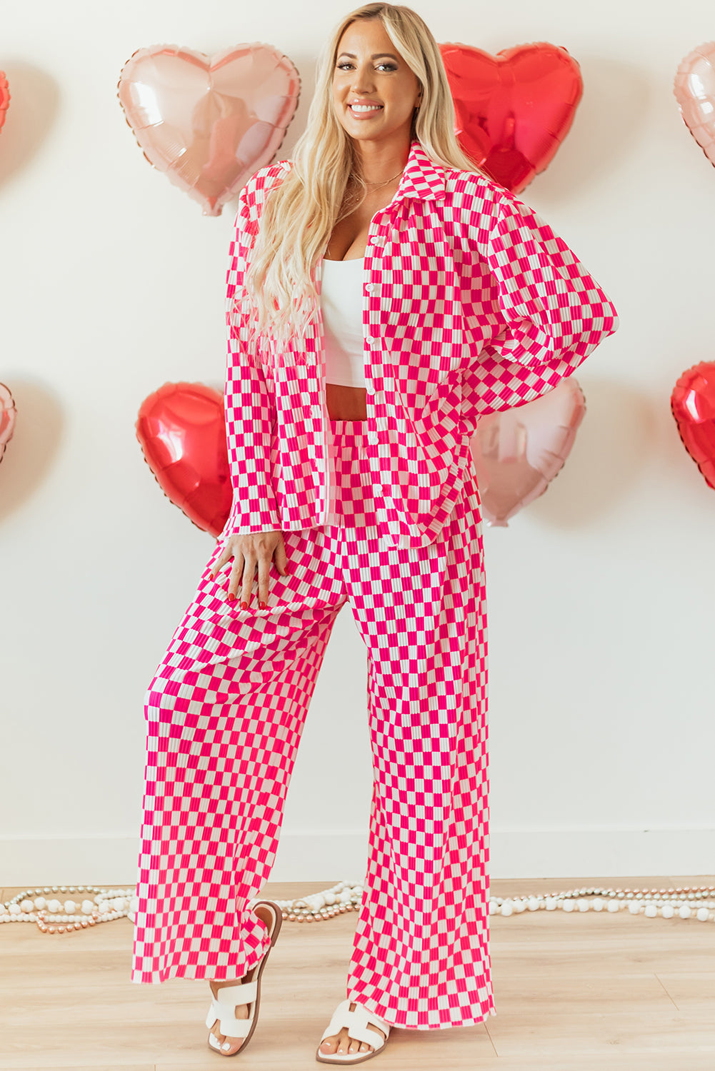 Pink Checkered Buttoned Shirt and High Waist Pants Pajama Set - Glimmer Road