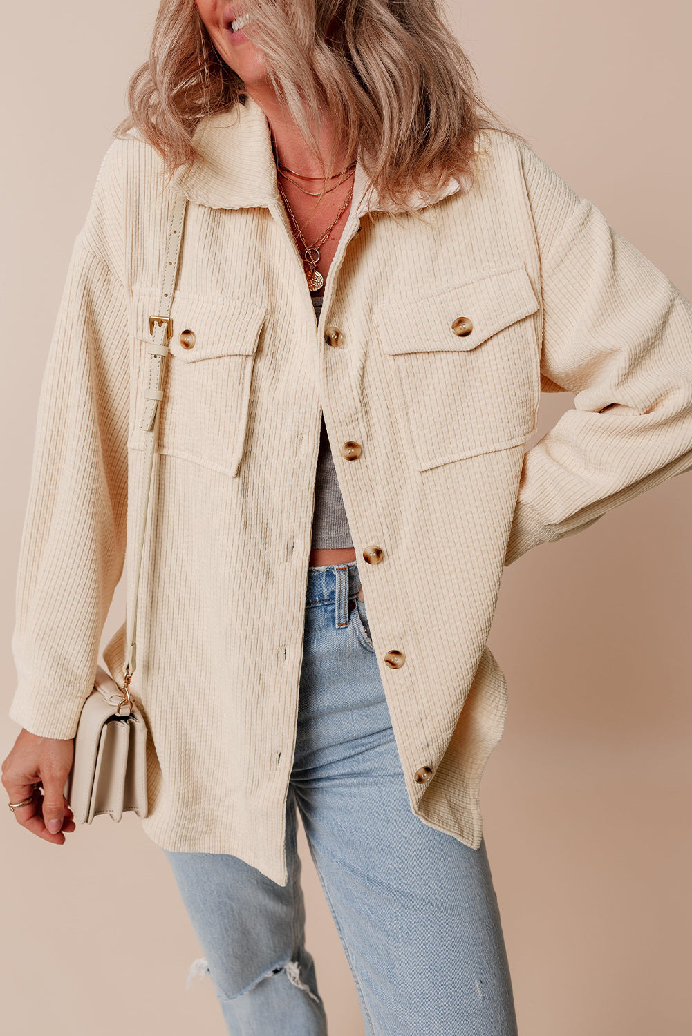 Oatmeal Corduroy Flap Pocket Button Up Shacket - Glimmer Road