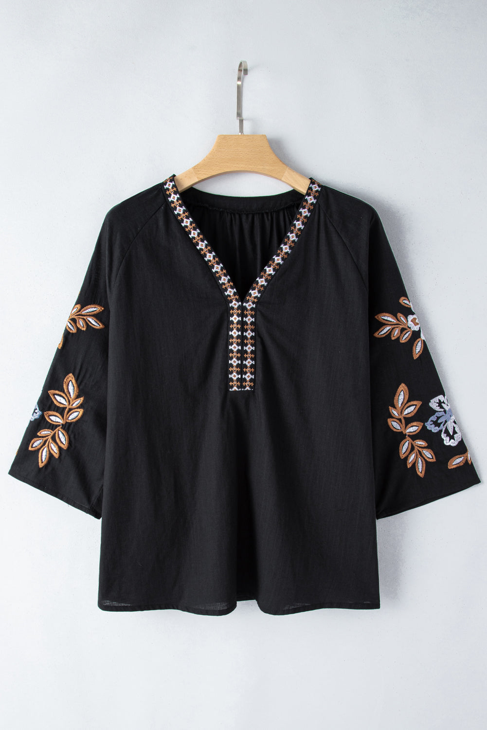Black Bohemian Floral Embroidered V Neck Blouse - Glimmer Road