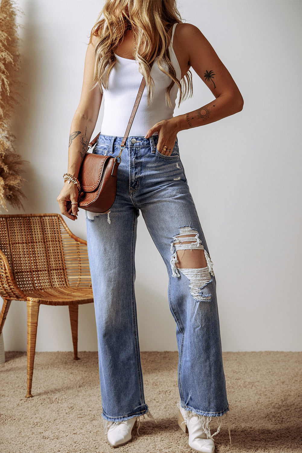 Ashleigh Blue Distressed Raw Hem Straight Leg High Waist Jeans - Glimmer Road