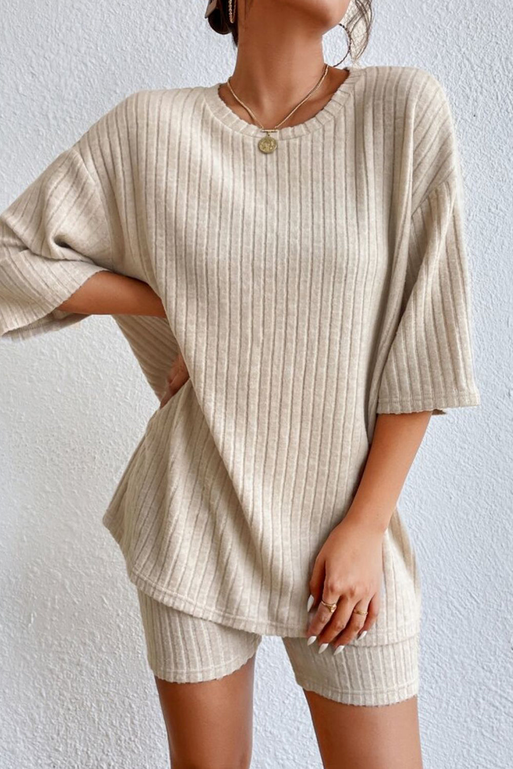 Gray Plain Ribbed Loose Fit Two Piece Lounge Set - Glimmer Road