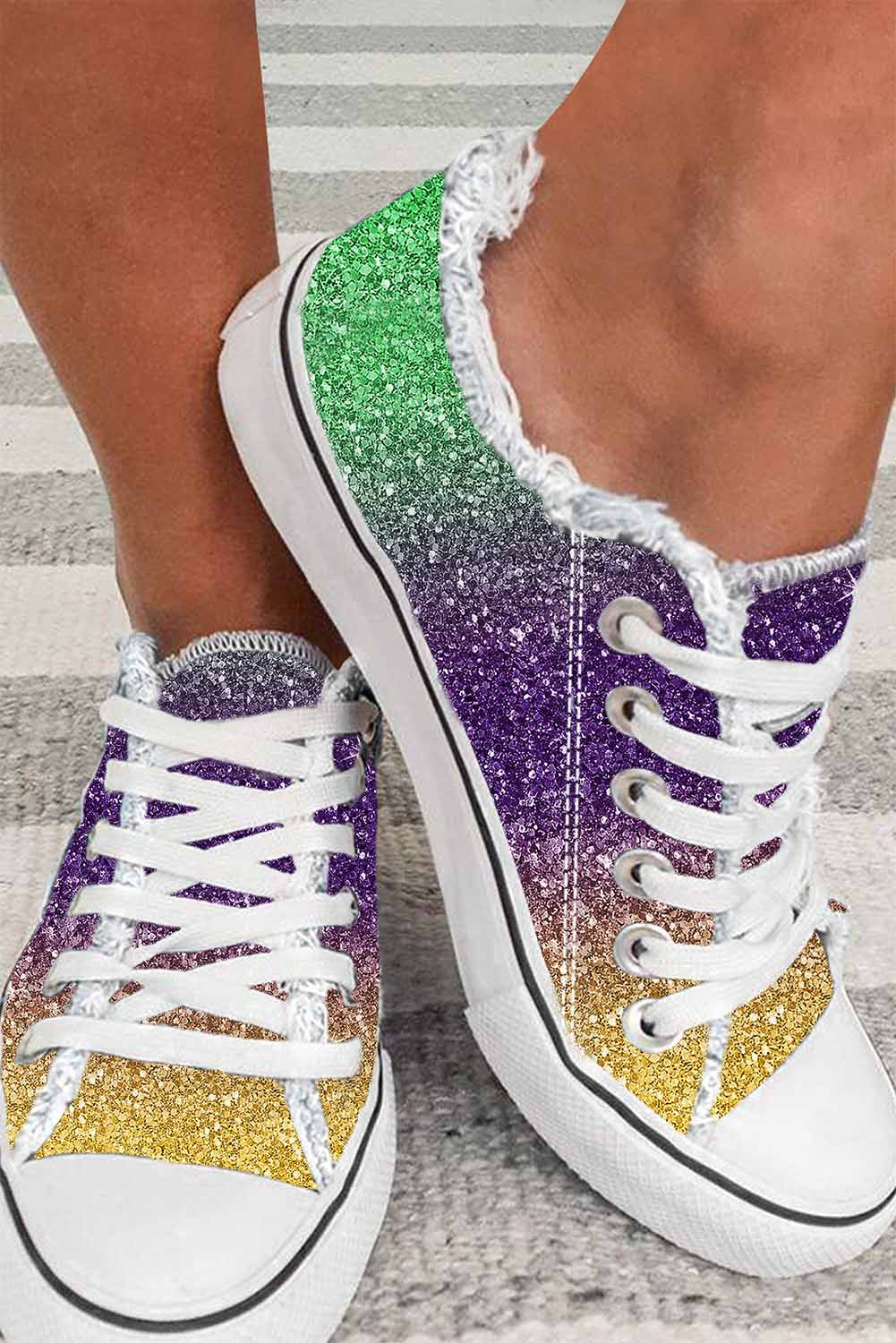 Multicolor Shiny Gradient Raw Hem Lace-up Flat Canvas Shoes - Glimmer Road
